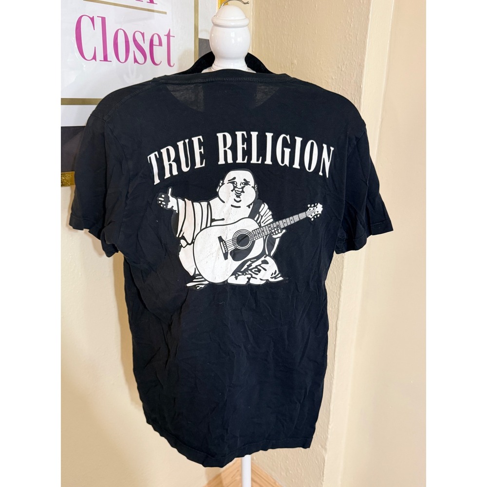 True Religion Mens Black Buddha Guitar Graphic‎ Logo T-Shirt Short Sleeve Medium - Picture 2 of 2